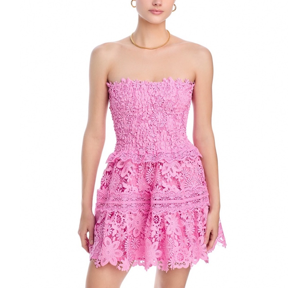 WAIMARI Tiffany Lace Mini Dress Rose Pink Strapless Smocked Floral Large NEW
